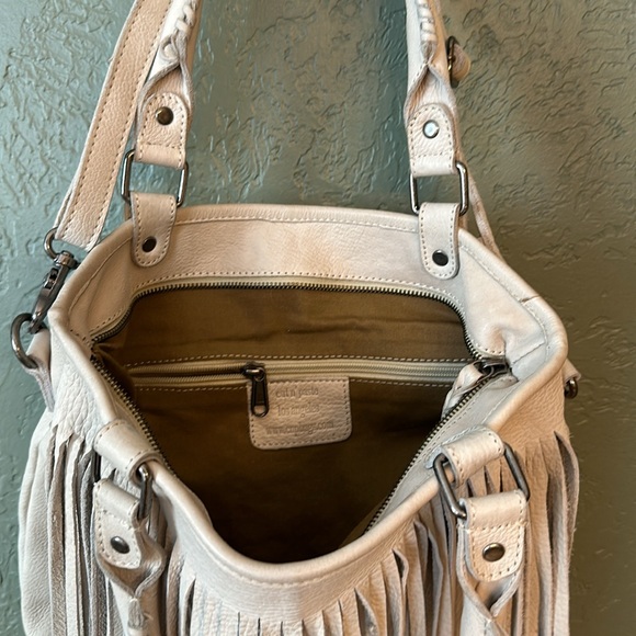 Purse: cream/white leather fringe, multiple handles, lined - Picture 5 of 12